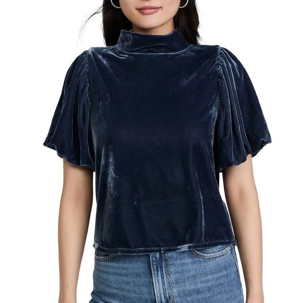 Free People Navy Velvet Blouse